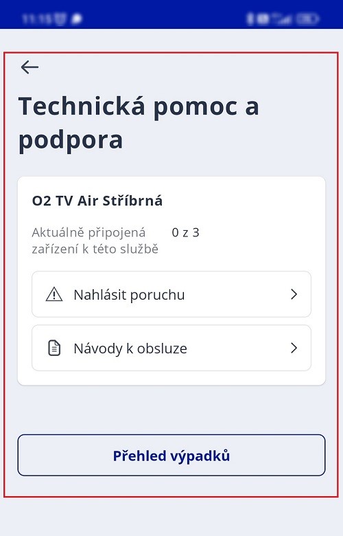 Hlášení poruch v Moje O2 v mobilní aplikaci